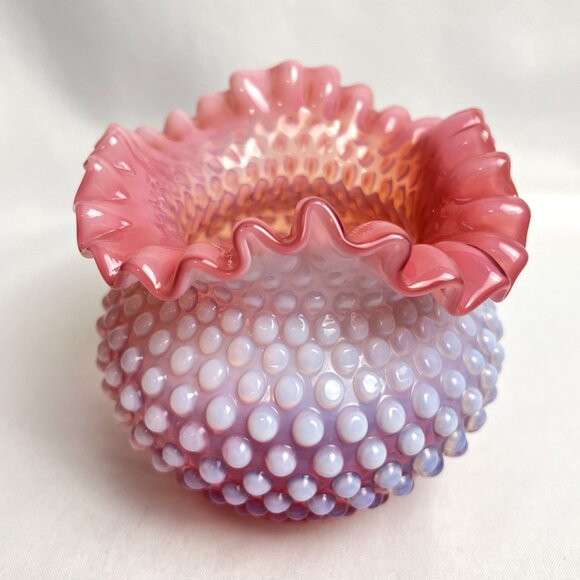 Fenton Cranberry Pink Opalescent Hobnail Vintage Vase Double Crimped Ruffle 5" - Picture 1 of 10